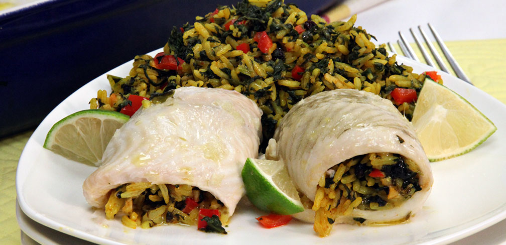 Yellow Rice and Spinach Stuffed Flounder