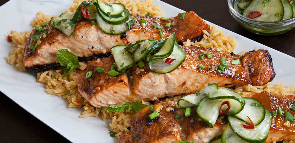 Asian Apricot Salmon with Chili Minted Cucumbers