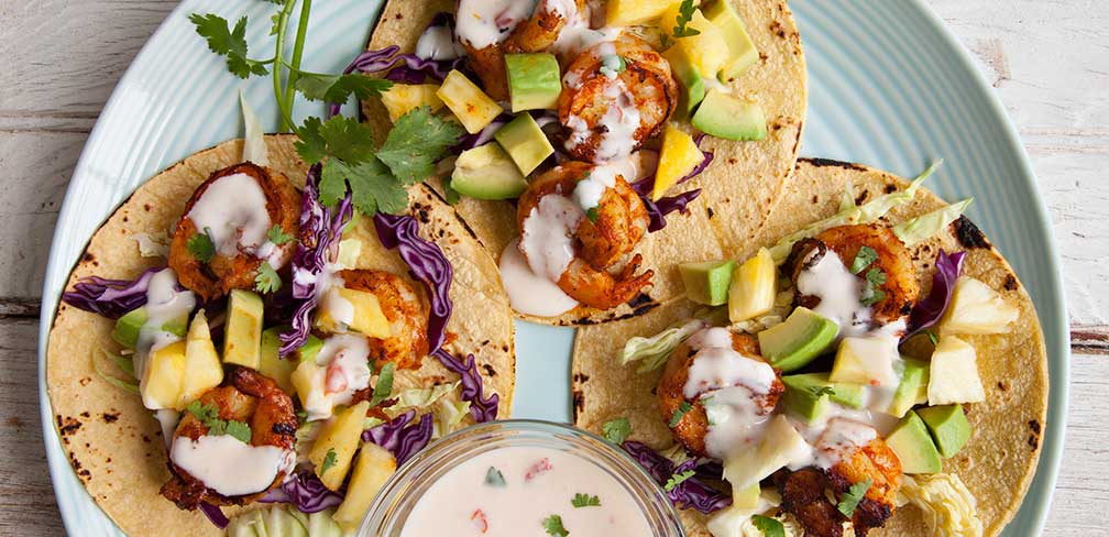 Curried Shrimp Tacos with Sweet Chili Cream