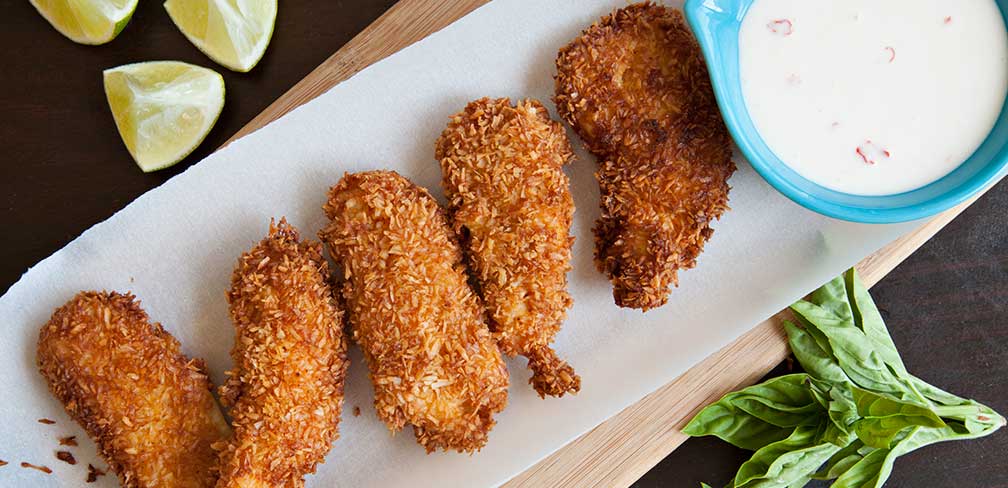 Coconut Curried Chicken Fingers with Sweet Chili Dipping Sauce