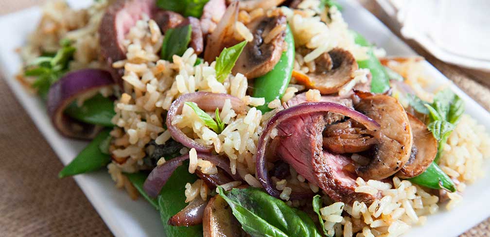 Beef with Garlic Basil Coconut Rice